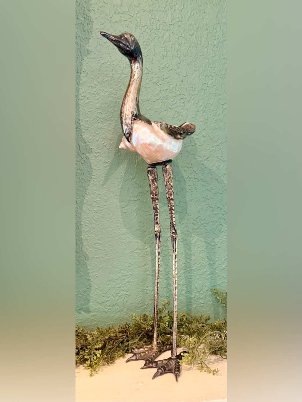 Seashell and Bronze Italian Crane Sculpture by Gabriella Binazza
